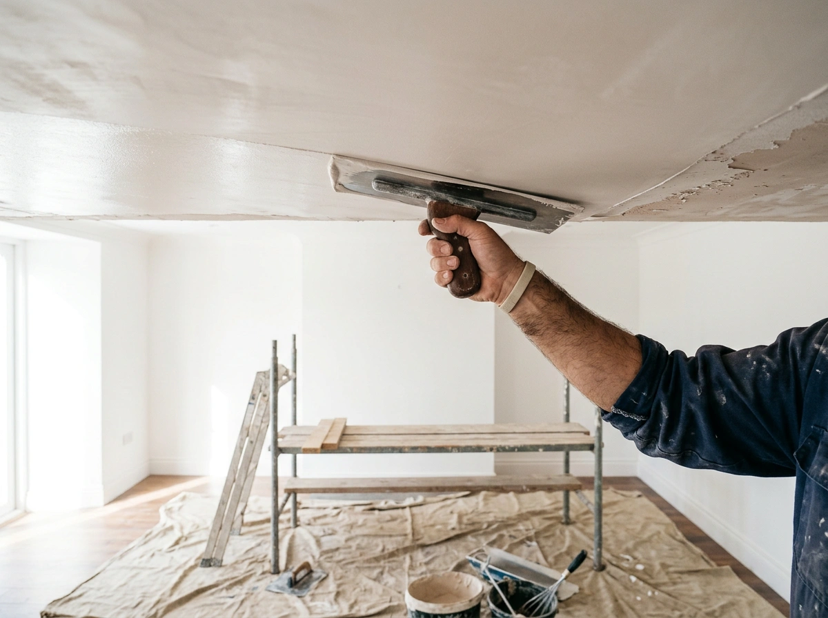 Spaan trekt een plafond glad in een lege lichte kamer, er staat een werkplatform onder