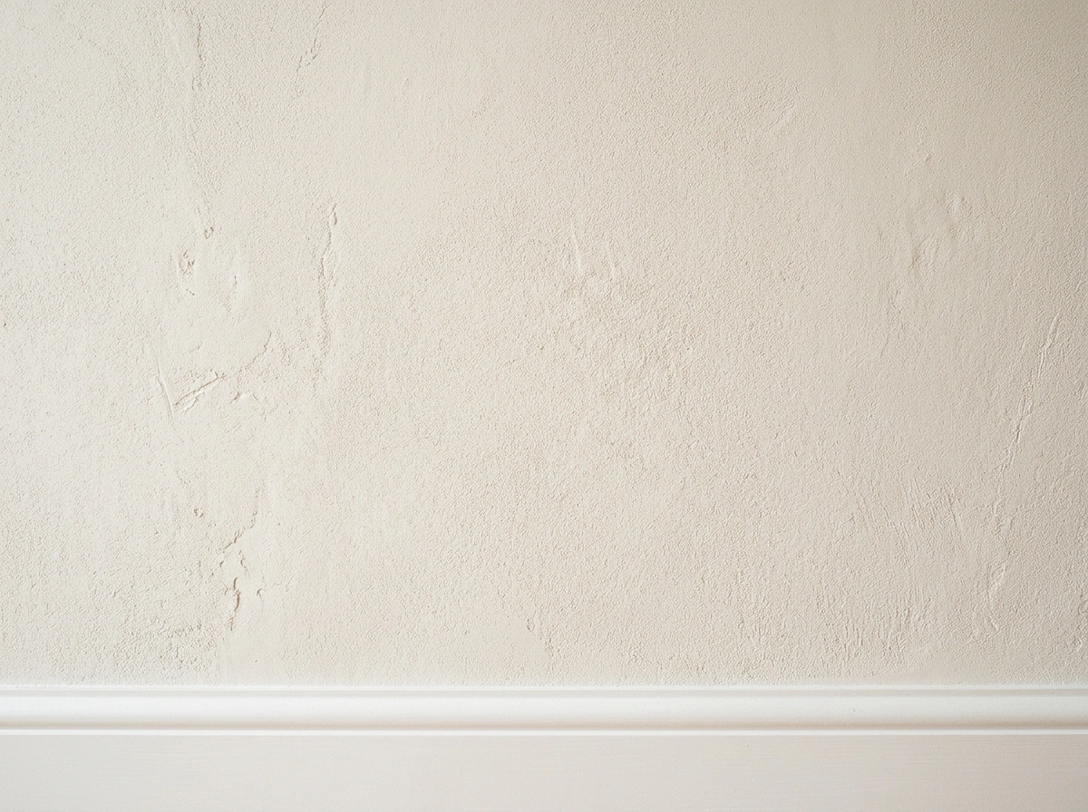 Wand afgewerkt in fijne sierpleister in warm gebroken wit, het strijklicht laat de structuur zien