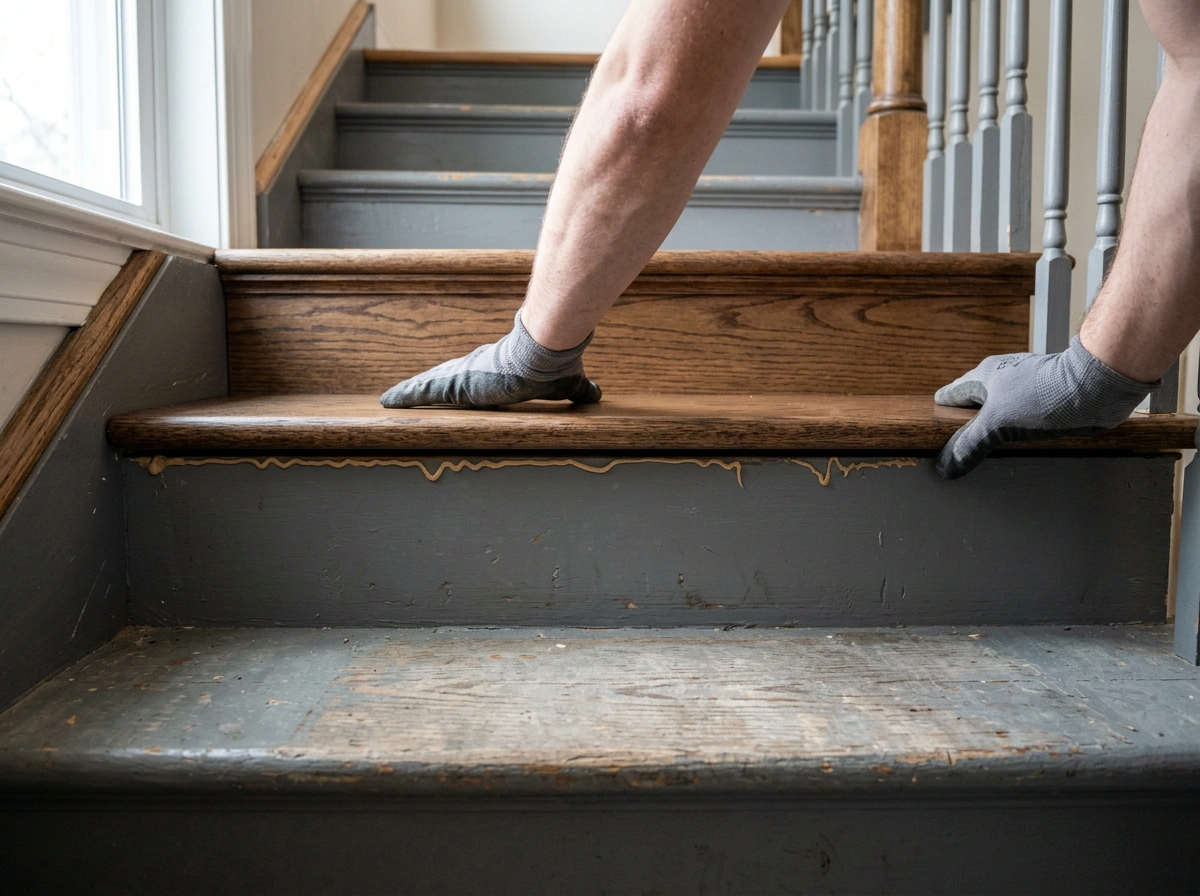 Eiken overzettrede wordt op een bestaande trede gezet, de trede eronder is nog het oude grijze hout