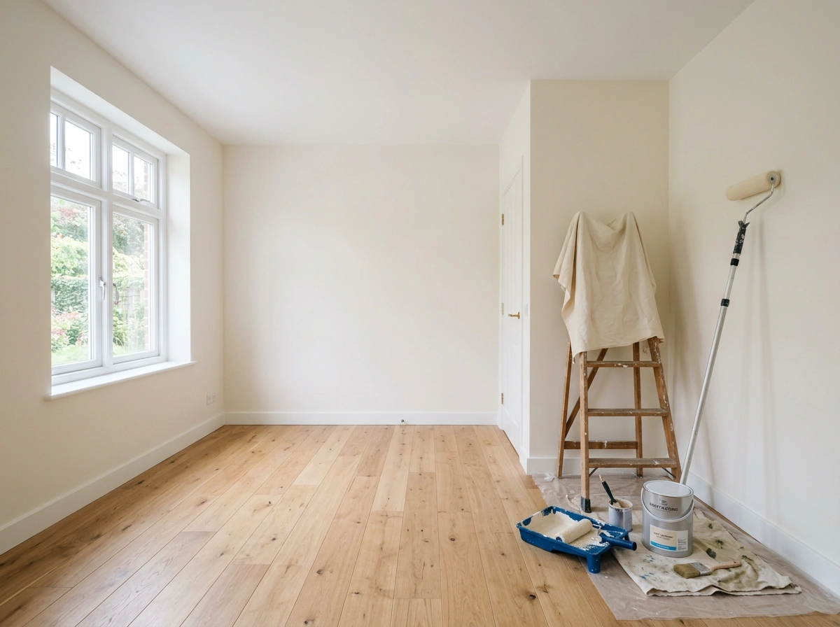 Lege lichte kamer met een wit plafond, warm gebroken witte wanden en een eiken vloer
