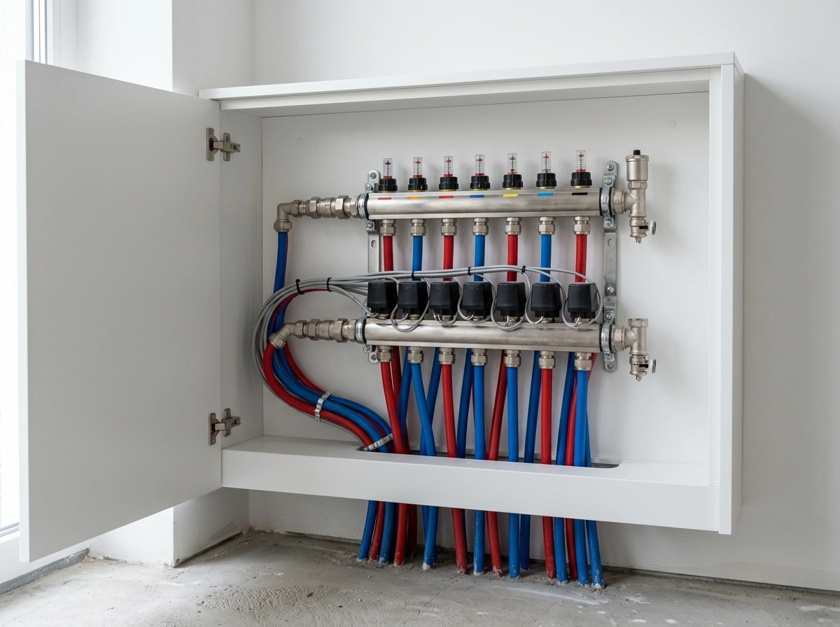 Rvs verdeler in een open witte wandkast met doorstroommeters bovenop en gekleurde leidinglussen die de vloer in lopen