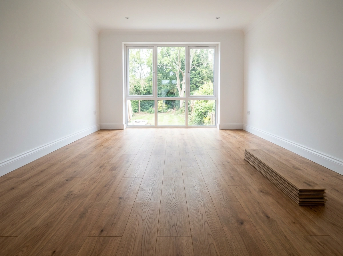 Nieuw gelegde eiken laminaatvloer in een lege lichte kamer, met plinten langs de wand
