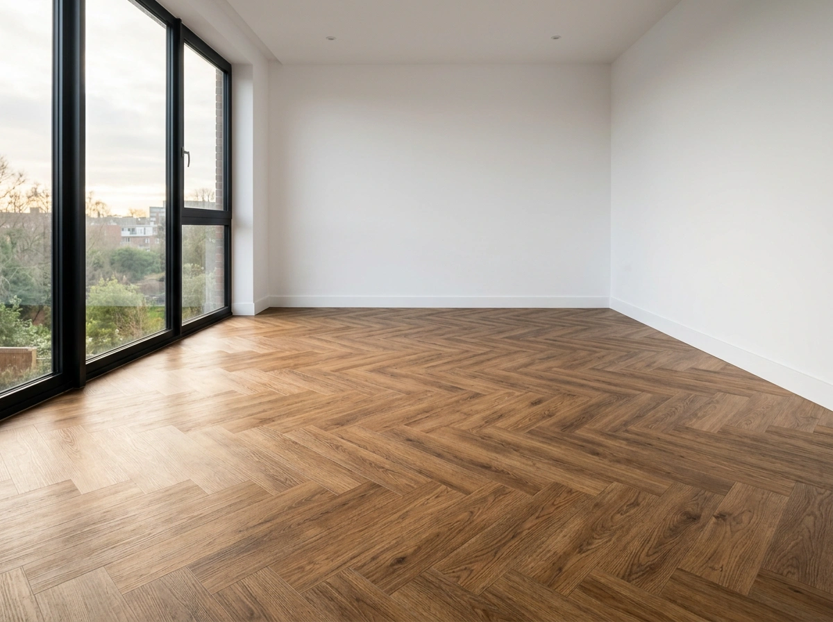 PVC vloer in visgraat in warm gerookt eiken in een moderne kamer