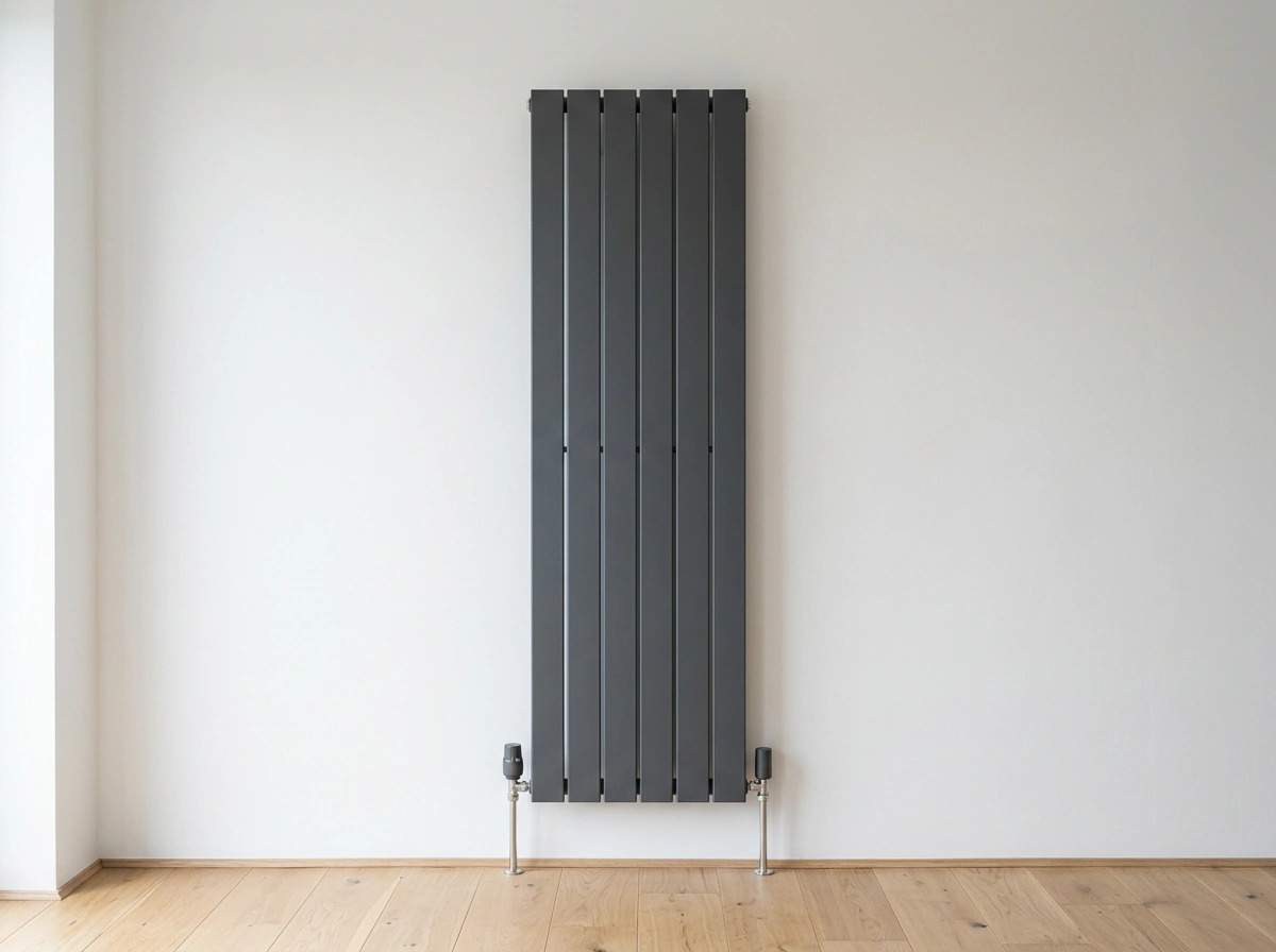 Verticale designradiator in antraciet aan een gestucte wand
