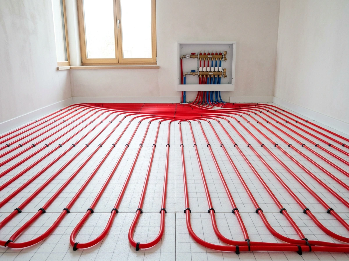 Vloerverwarmingsleiding in strakke lussen op tackerplaten met de verdeler aan de wand