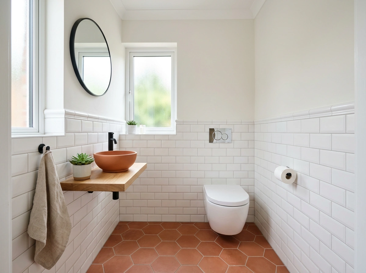 Opgeleverd toilet met hexagontegels op de vloer, witte wandtegels tot halve hoogte en een fonteintje